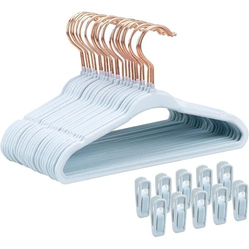 Baby Hangers 50 Pack - 11 Inch Premium Velvet Non Slip Kids Hanger for Infant & Toddler Clothes - 0.2" Ultra Thin Baby Closet Hangers with 10 Hanger Clips - Blue