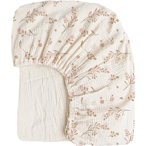 Konssy Muslin Crib Sheets for Girl Boy, Soft and Breathable Cotton Baby Sheets for Standard Crib Mattress, 52"x 28" (Floral)