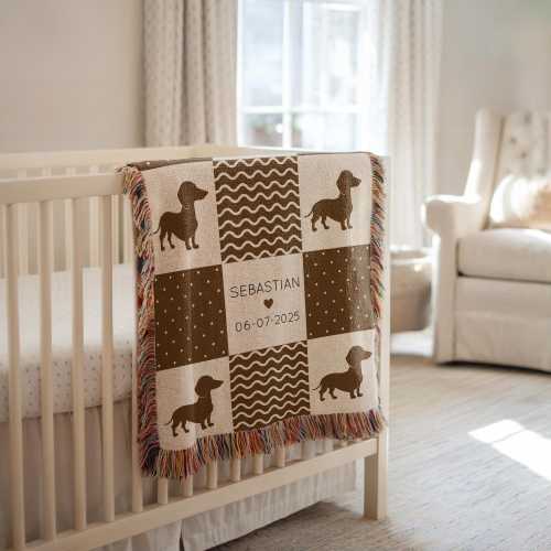 Personalized Dachshund Baby Blanket, Custom Name Dog Throw with Date, Puppy Nursery Blanket Gift for Baby Boy or Girl, Dog Lover Baby Gift