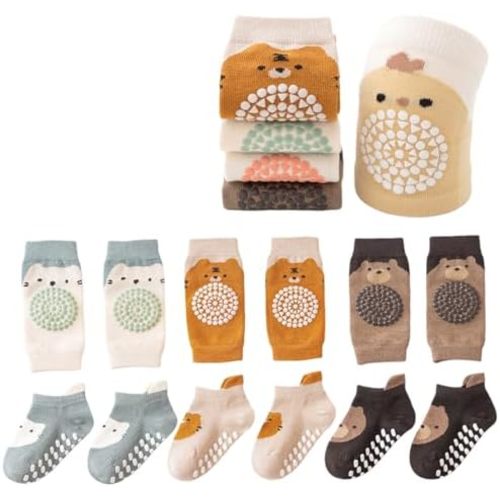 Feidoog Baby Crawling Anti-Slip Elastic 3 Pairs Knee Pads and 3 Pairs Socks Set,Toddler Knee Protector for Baby Kids Kneepads