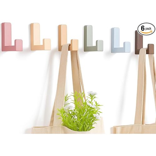 6 Pack Cute Kids Coat Wall Hooks Wooden Adhesive Decorative Colorful Wall Mounted Hangers Backpack Hooks for Hanging Keys Towel Clothes Bathroom Organization(Bohemian Color,6 Pcs)