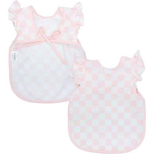 BapronBaby Pink Flutter Checkerboard Bapron - No Neck Tie Safer Bib for Baby & Toddler - Soft Waterproof Stain Resistant - Machine Washable - Sz Baby/Toddler 6m-3T