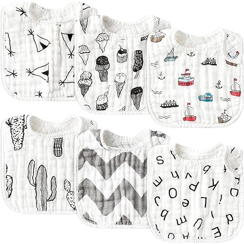 Zainpe 6Pcs Snap Muslin Cotton Baby Bibs Summer Ice Cream Pattern Infants Drool Bib Soft Absorbent Adjustable Burp Cloths Feeding Cloth for Newborns Girls Boys Toddlers Teething Eating 0 to 36 Months