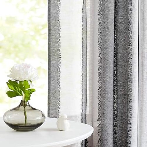 Fragrantex Stripe Black and White Sheer Curtains for Bedroom 84 inches Long with Tassels Patterned Curtains Window Treatment Set Rod Pocket 2 Panels,38 W x 84 L