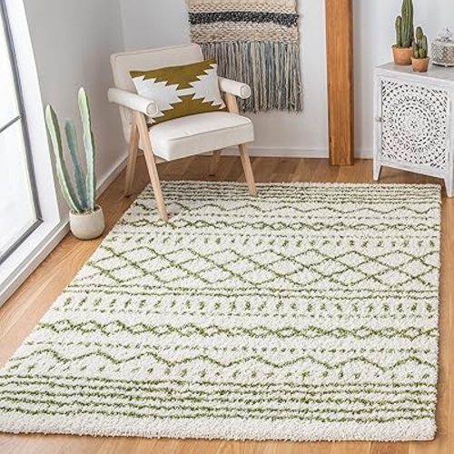SAFAVIEH Arizona Shag Collection Accent Rug - 4' x 6', Ivory & Green, Moroccan Design, Non-Shedding & Easy Care, 1.6-inch Thick Ideal for High Traffic Areas in Entryway, Living Room, Bedroom (ASG741Y)