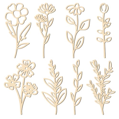 PerKoop 8 Pcs Wooden Flowers Wildflowers Wall Decor, Colorable Wood Floral Cutouts for Crafts, Boho Wall Decals Hanging Sculpture for Nursery Bedroom Living Room Decor(Fresh Style)