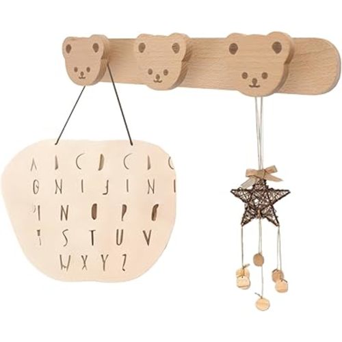 MOROBOR Coat Rack Wall Mount, 1 Pack Self-Adhesive Beech Wood Decorative Coat Racks with 3 Bear Hooks Towel Racks Thickened Solid Wooden Hook for Bathroom Living Room Bedroom Entryway Nursery