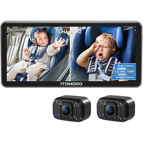 Itomoro Baby Car Camera Dual-Channel 6.8 inch HD 1080P Car Baby Camera Display with 2 IR Night Vision Camera, Easily Install Car Camera for Baby with Crystal Clear Wide View for Rear Facing Seat