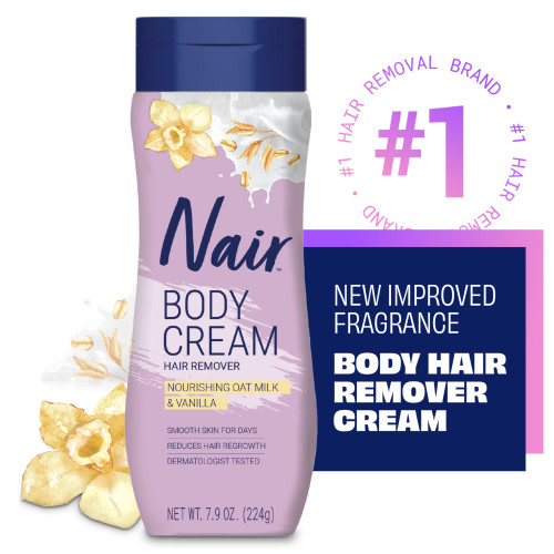 Nair Body Cream Hair Remover, Oat Milk & Vanilla, Body Hair Removal Cream for Women, 7.9 oz