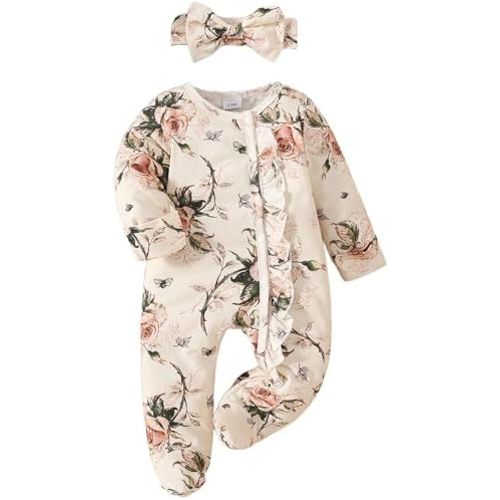 Yvowming Newborn Baby Girl Clothes Ruffle Jumpsuit Romper Infant Coming Home Outfit for Baby Girl