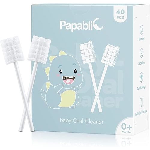 Papablic Baby Tongue Cleaner, Baby Oral Cleaner, Disposable Infant Mouth Cleaner Newborn, Upgrade Gum Cleaner with Paper Handle or Infants Ages 0-2 Years, 40 Pack