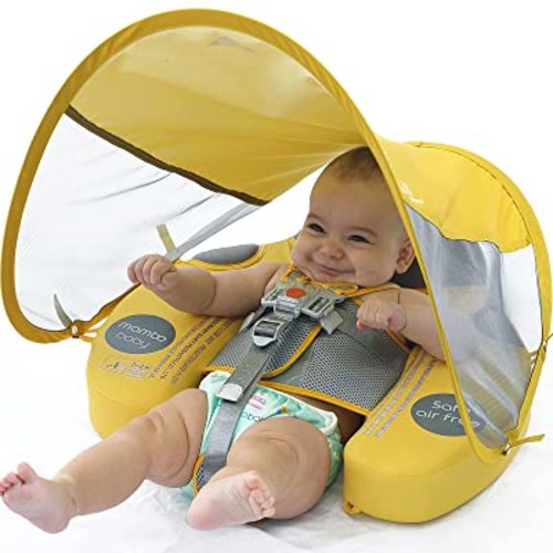 Preself Upgraded Baby Float Non-Inflatable Mambobaby Swim Ring, Infant Soft Solid Swimming Trainer, Baby Pool Float with Removable UPF 50+ UV Sun Protection Canopy (Yellow Ladybug)