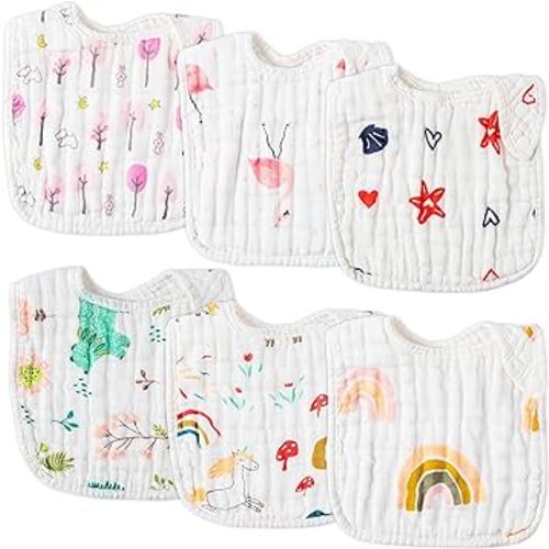 Zainpe 6Pcs Snap Muslin Cotton Bibs for Baby Rainbow Unicorn Flamingo Machine Washable Burp Cloths with 6 Absorbent Soft Layers for Girl&Boy Infant Newborn Toddler Feeding Drooling Teething