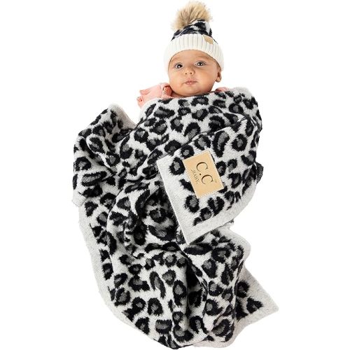 Funky Junque Large Soft Warm Lightweight Baby Throw Blanket with Matching Beanie Bundle for Toddler Bed, Strollers, Naps, Daycare Preschool - Leopard Print - 1 Fur POM - Ivory