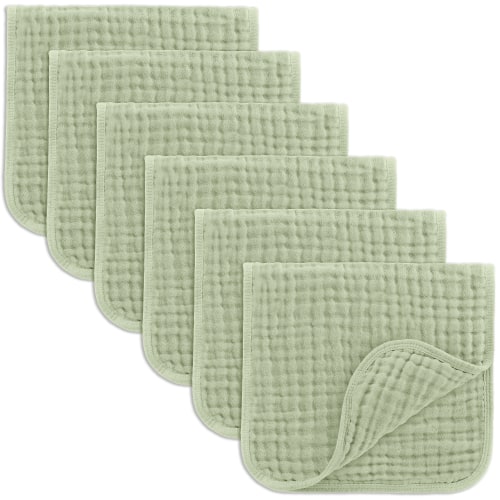 Comfy Cubs Muslin Burp Cloths - Large 100% Cotton Washcloths, 6 Layers (Sage, 6-Pack, 20"X10")