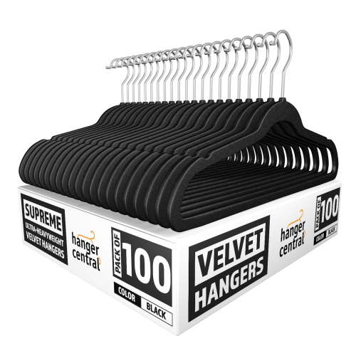 Hanger Central, 100 Pack, Space Saving, Heavy Duty Slim Velvet Hangers, Ridged Non-Slip, 360-Rotating Chrome Swivel Hook, Black