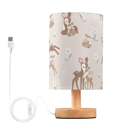 Oarencol Bedside Table Lamp Woodland Animals Nightstand Lamp with Wood Forest Deer Floral Pink Desk Lamps for Bedroom Living Room Nursery Office Home Decor