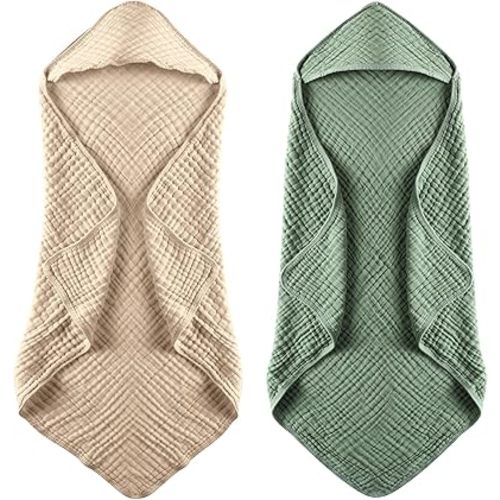 MUKIN Baby Hooded Towels, Muslin Cotton, 2-Pack, for Newborn, Infant, Toddler and Kids (Dark Green,Khaki)
