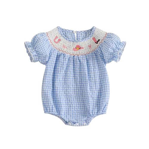 Licupiee Baby Girl Smocked Western Romper Short Sleeve Bubble Rompers Summer Clothes Plaid Print Embroidery Bow Bodysuit Tops