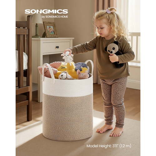 Cotton Rope Laundry Basket, 15.8 Gal Natural Fiber Hamper with Handles, for Kids' Toys Clothing Bedroom Living Room, White & Grayish Brown
