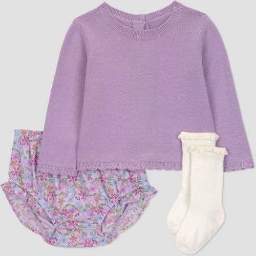 Carter's Just One You® Baby Girls' 3pc Floral Sweater with Bloomer and Socks Set - Purple 6M