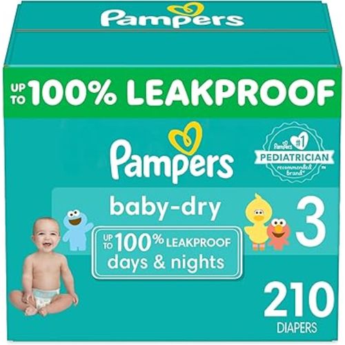 Pampers Baby Dry Diapers - Size 3, One Month Supply (210 Count), Absorbent Disposable Diapers