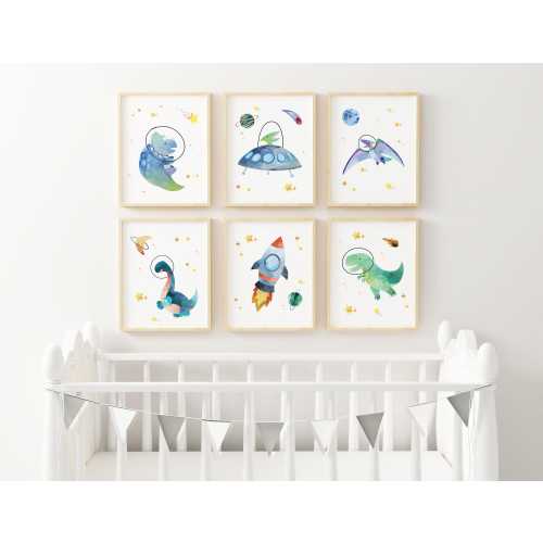 Space Dinosaur Nursery Art Prints PRINTED Set of 6 watercolor dinosaur nursery space art prints boy nursery outer space art Prints SD1-A6