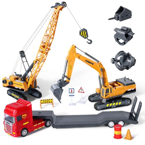 Kids Construction Toys for Boys, Excavator Crane Toy Construction Trucks Semi Tractor Toys Trailer Lowboy, Toy Trucks for Toddler, Gift for Ages 3 and Up Children Ideal Birthday Party Favor Playset