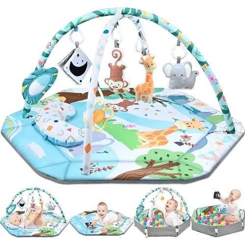 Baby Gym Play Mat, 8-in-1 Tummy Time Mat & Ball Pit with 6 Toys, Washable Baby Activity Play Mat for Visual, Hearing, Sensory, Motor Development, Baby Toys Gift for Toddler Infant 0-3-6-9-12 Months