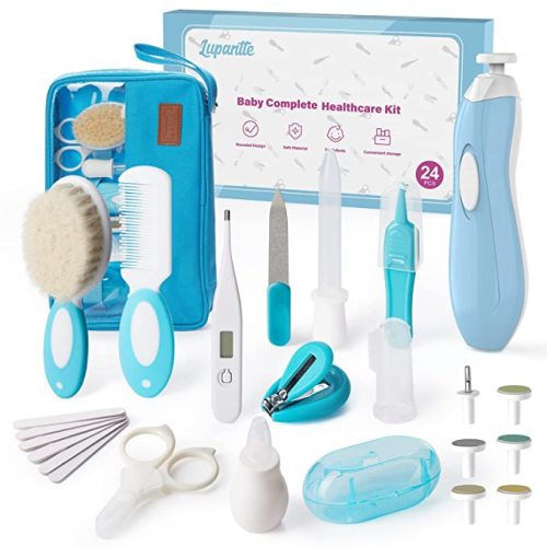 Lupantte Baby Healthcare and Grooming Kit, 24 in 1 Baby Electric Nail Trimmer Set, Nursery Care Kit, Toddler Nail Clippers, Medicine Dispenser, Infant Comb, Brush, Baby Care Products - Blue - 24 Piece Set