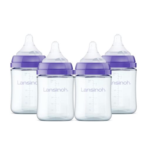 Lansinoh Anti-Colic Glass Baby Bottles, 5 Ounces, 4 Count Bottles for Feeding, Baby Essentials, Includes 4 Extra Slow Flow Nipples, Size XS