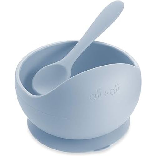 Ali+Oli Silicone Suction Bowl and Spoon Set (Cloud, Original) - Unbreakable Suction Bowls for Baby 6 Months and Up, Self Feeding Baby Utensils, First Stage Baby Feeding Supplies