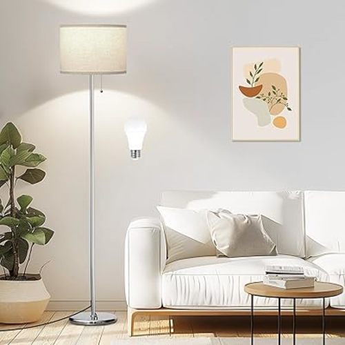 Ambimall Floor Lamps for Living Room with 3 Color Temperatures Bulb & Pull Chain Switch, 60" Modern Standing Floor Lamp for Bedroom Kids Room Study Room(Beige Shade & Silver Pole)
