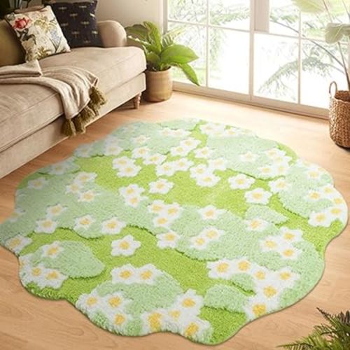 Irregular Round Flowers Moss Carpet for Bedroom Aesthetic Blossom Floral Moss Area Rugs for Living Room Soft Fluffy Large Circle Nursery Kids Room Decorative Area Rug Washable (green, 3.3ft)