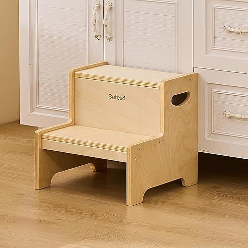 Step Stool for Kids, Wooden Toddler Step Stool for Bathroom Sink with Safety Anti-Slip Mat and Strip, Assembly Easily, Sturdy Kid Step Stool for Brushing Teeth, Kitchen, Toilet Potty Training