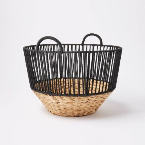 L Water Hyacinth and Black Cotton Rope Basket - Threshold™: Round Decorative Basket for Blankets or Shoes, 18"x18"x12"