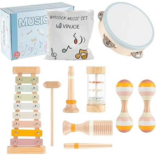 VINJOE Baby Musical Instruments - Montessori Musical Toys for Toddlers 1-3, Neutral Colors Wooden Instruments Set for Kids Preschool Educational 3+ Early Learning Musical Toys Birthday Gifts