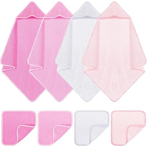 8 Pcs Baby Hooded Cotton Towels and Washcloths 30"x 30" Cotton Newborn Bath Washcloth with Hood Absorbent 10"x 10" Soft Baby Towel Unisex Newborn Gift for Girls Boys(Pink Series)