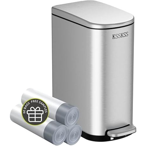 2.6 Gallon Slim Bathroom Trash Can with Soft Close Lid, 10L Stainless Steel Garbage Can with Removable Liner Bucket, for Narrow Spaces,Bathroom, Bedroom (Silver)