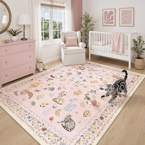 Soalmost Cat 8x10 Pink Area Rugs for Baby Girl Nursery, Washable Animal Floral Vintage Rug Non-Slip Low Pile Soft Throw Rugs for Living Room Dining Room Bedroom Playroom Classroom (8 x 10,Pink)