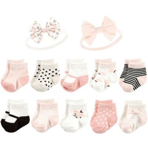 Hudson Baby Infant Girl Sock And Headband 12pc Set, Soft Pink Roses, 0-9 Months
