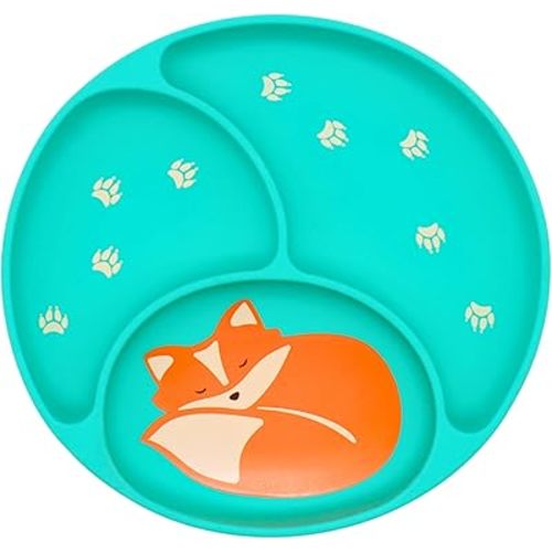 Silly Goose Suction Plate for Babies and Toddlers, Cute Fox Design, 100% Silicone, Plate Stay Put with Suction Feature, Divided Design, Microwave & Dishwasher Friendly