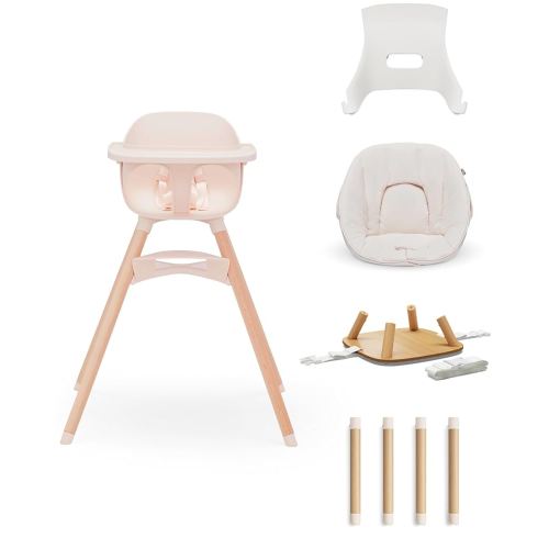 Lalo The 3-in-1 High Chair Kit - Convertible Wooden High Chair for Babies & Toddlers with Infant Support, Cushion, Booster Conversion Kit & Play Legs, Adjustable Footrest - Grapefruit