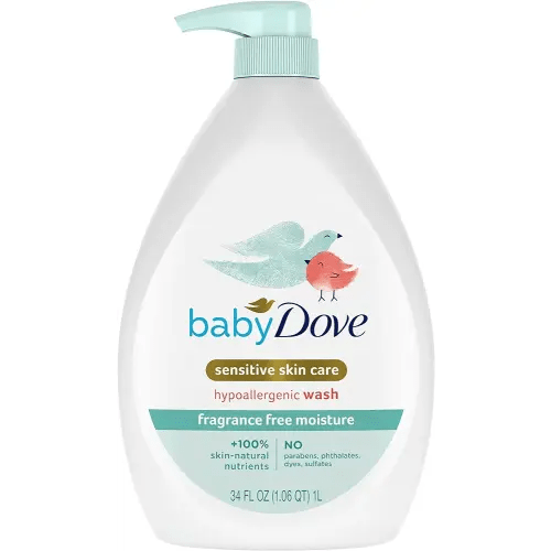 Baby Dove Sensitive Skin Care Baby Wash Fragrance Free Moisture For Baby Bath Time Fragrance Free and Hypoallergenic, Washes Away Bacteria 34 oz