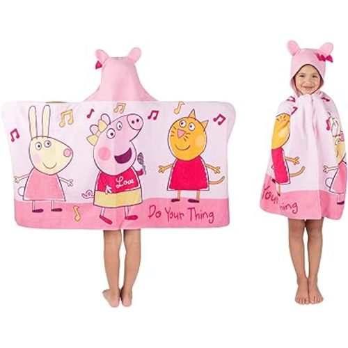 Franco Peppa Pig Kids Bath/Pool/Beach Soft Cotton Terry Hooded Towel Wrap, 24 in x 50 in, Large