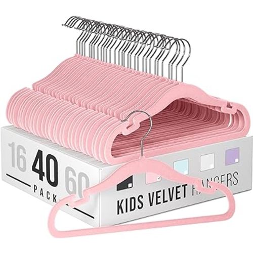 Velvet Baby Hangers for Clothes - Heavy Duty Non Slip Velvet Kids Hangers Or Toddler Hangers for Closet | Ultra Thin Design Kid Hangers for Space Saving - Ganchos De Ropa para Bebe (40 Pack Pink)