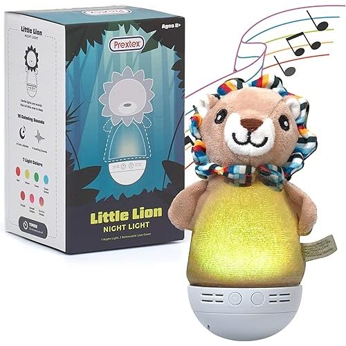 PREXTEX Little Lion Shape Kids Night Light - 7 Colors, 10 Calming Sounds, 6 Lullabies, Timer, Washable Covers, Portable Night Lamp for Kids - Lion Lamp for Ages 2 and Up - 3.9 x 6.9 x 3 inches