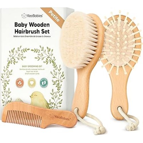 Baby Hair Brush Set for Newborns - Soft Goat Bristle Wooden Baby Brush and Comb Set Newborn Grooming Kit for Cradle Cap, Durable & Gentle, Boy, Girl Infant Essentials Care Kit (Petite, Walnut)