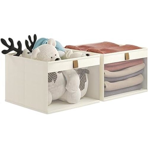 Linen Closet Organizers and Storage, Closet Storage Bins Basket Organizer, Foldable Organization Baskets with Mesh Window for Clothes Towels and Toys, 12.75" x 12.75" x 9", Beige, 2 pack