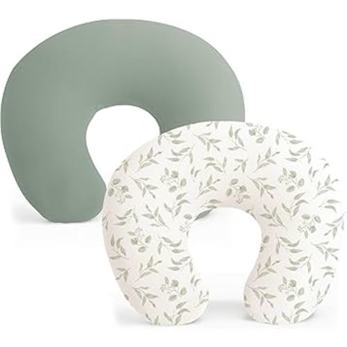 Konssy 2 Pack Nursing Pillow Covers, Stretchy and Soft Nursing Cover for Breastfeeding Pillows, Pillow Slipcover for Baby Girls Boys Newborn (Green, Green Leaves)
